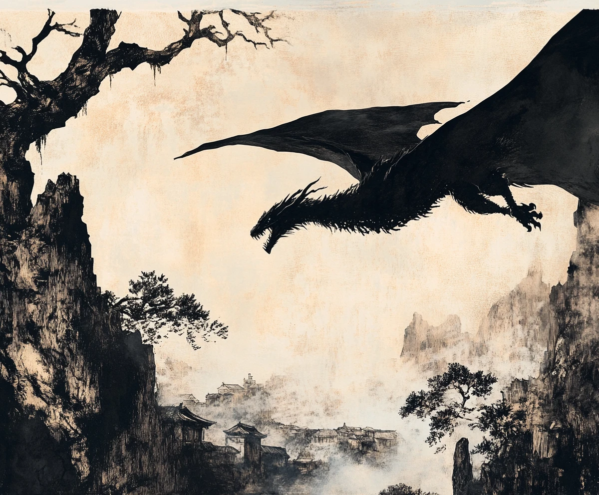 Dragon soaring above a distant medieval village in ink tones