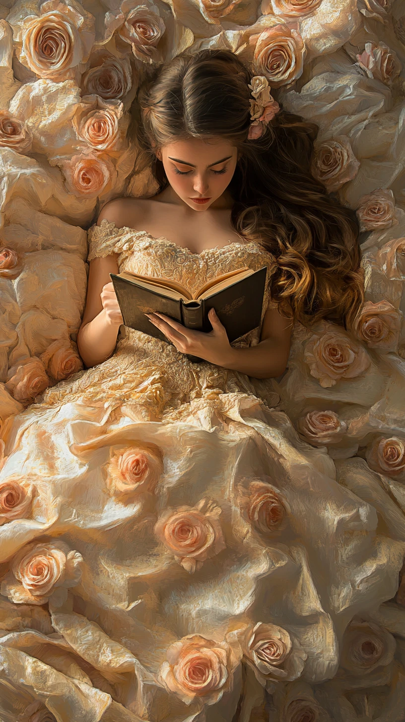 Young woman in golden dress reading on rose covered bed