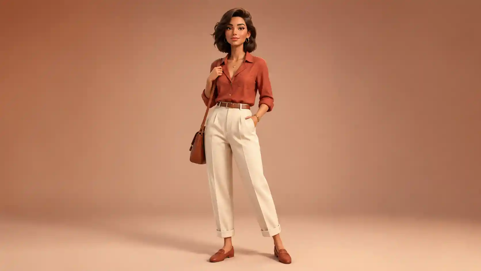 Stylized 3D woman in warm smart casual studio scene