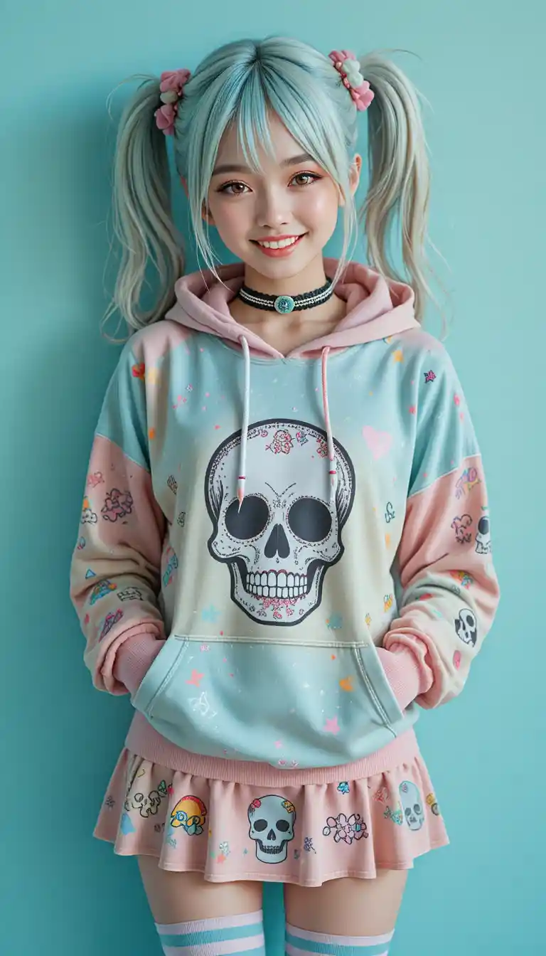 Cheerful pastel punk girl in colorful fashion portrait