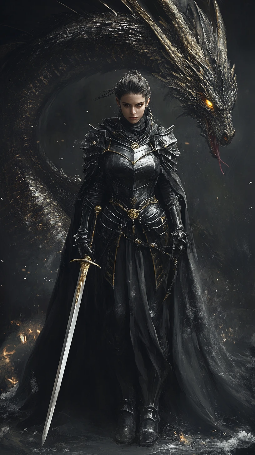 Armored warrior woman before a looming dragon in ash