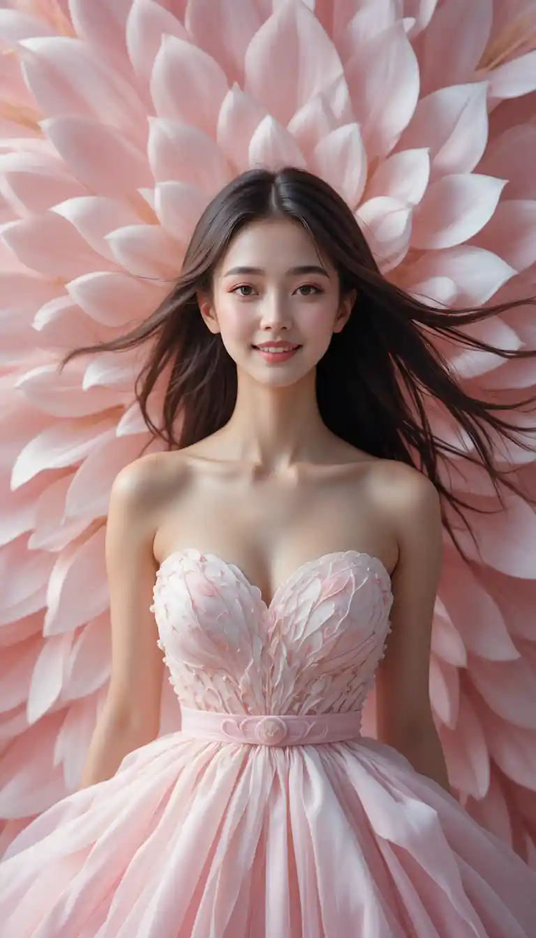 Smiling woman in flowing white to pink floral dress