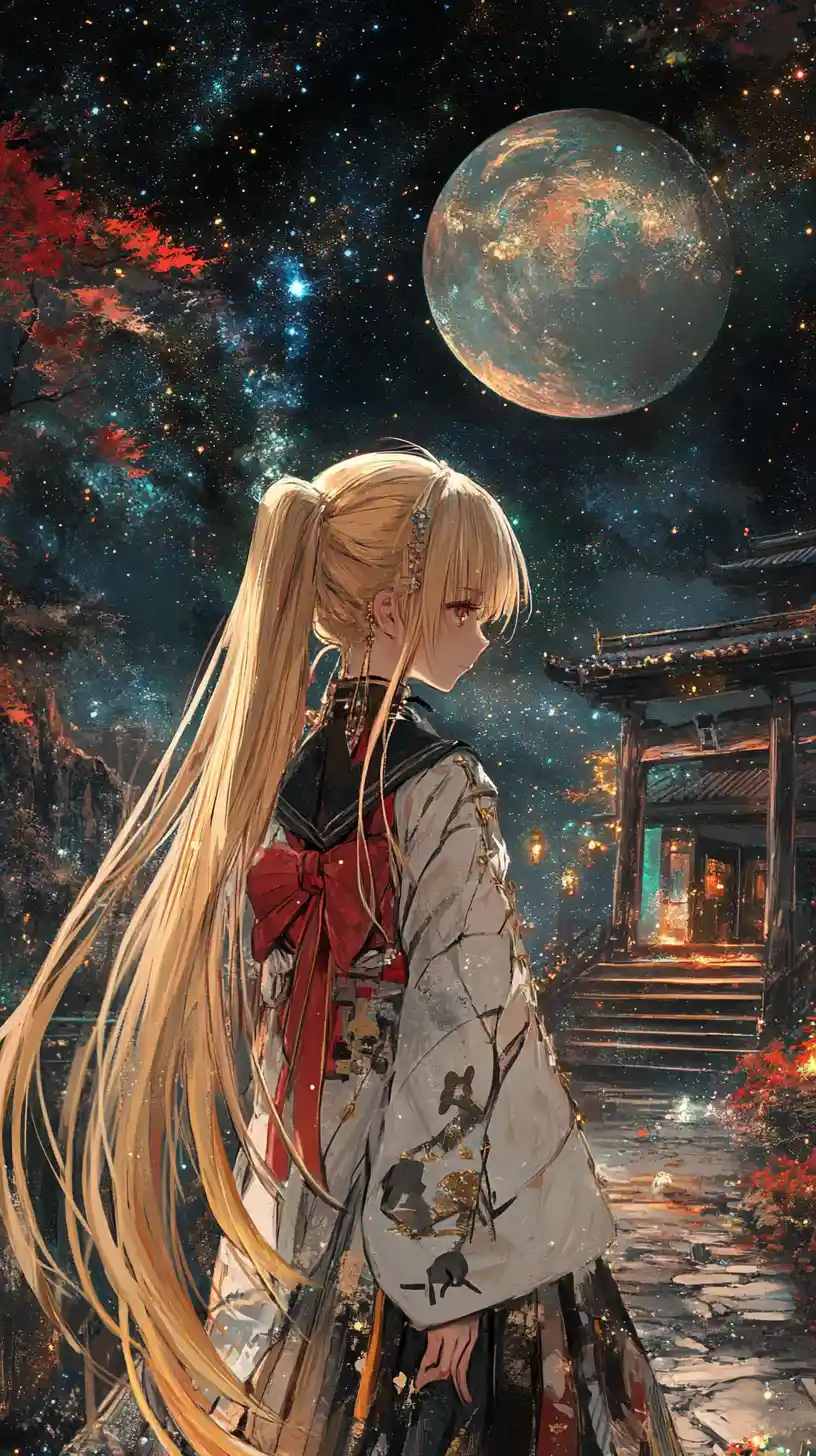 Anime girl floating in outer space near a colorful ringed planet