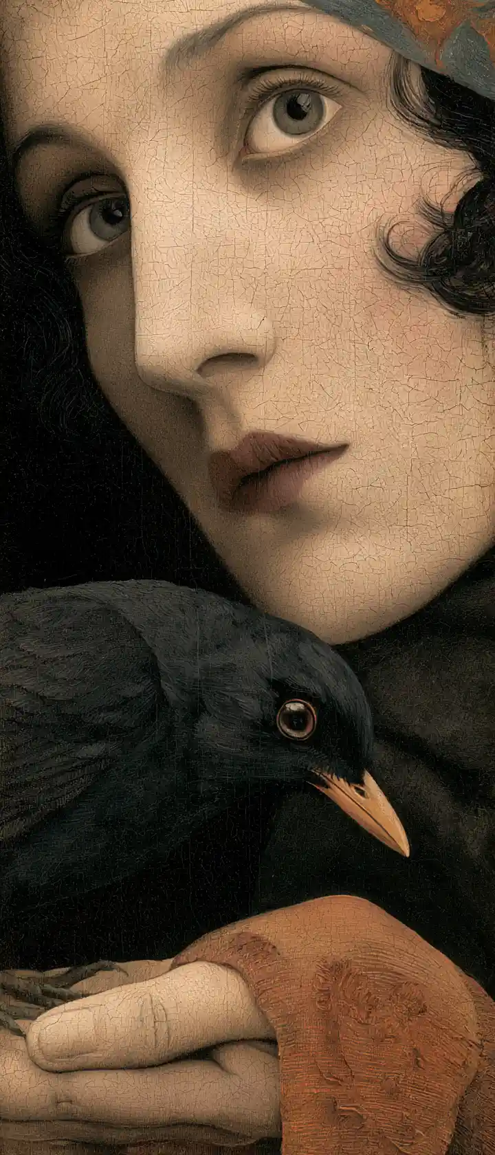 Vintage close up portrait of a woman with a blackbird