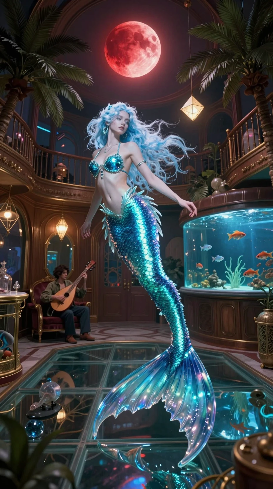 Sirène surréaliste dans une salle de bal sous-marine rétrofuturiste