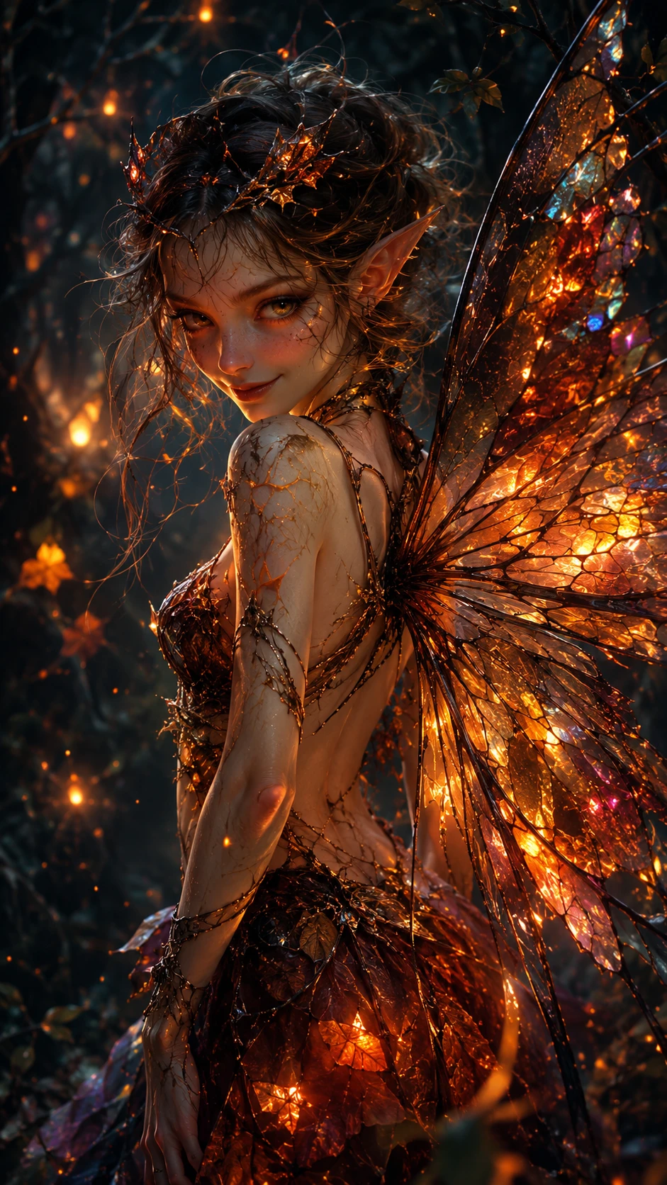Winged fae woman glowing in dark woodland firelight