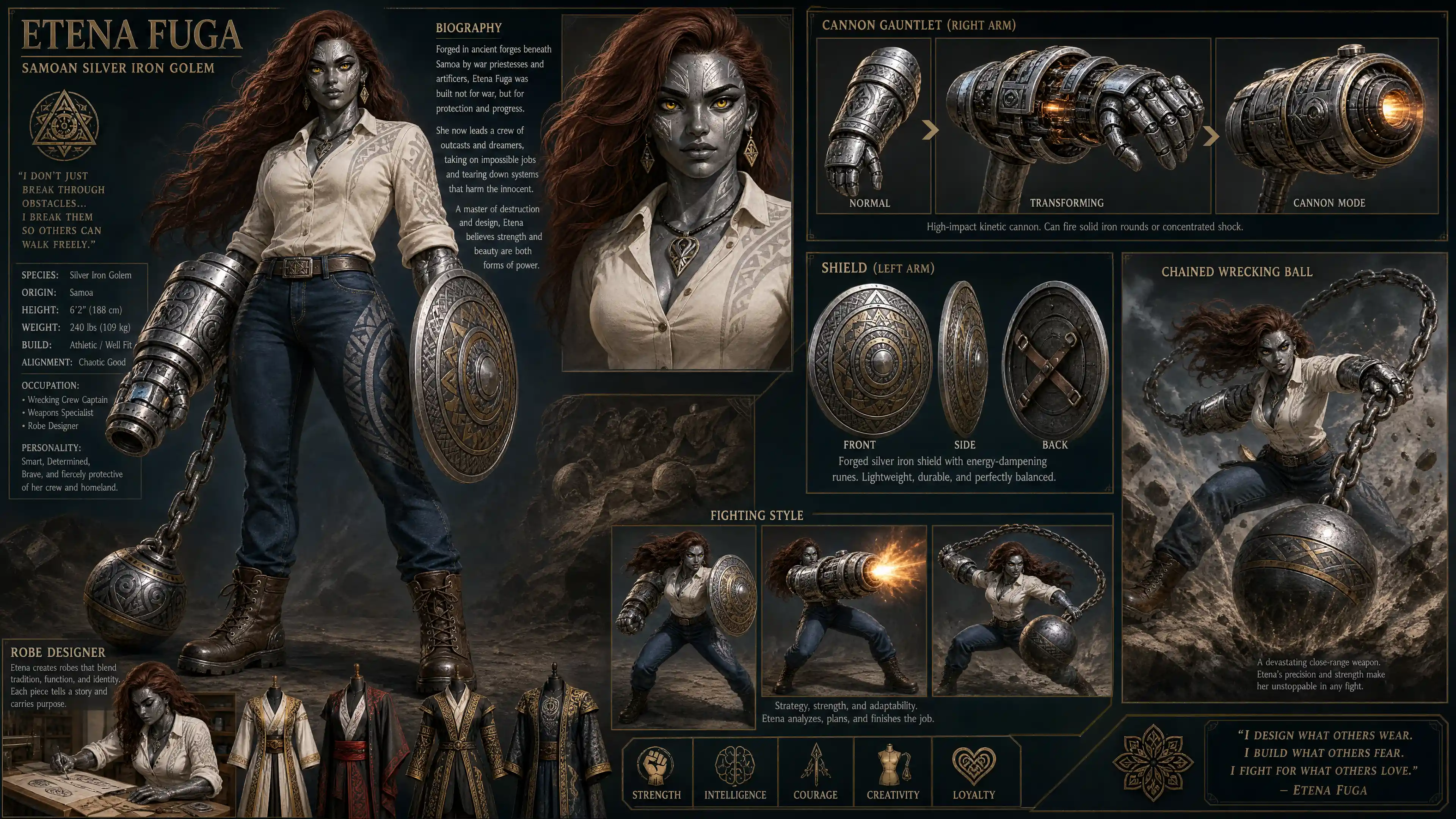 Determined fantasy woman golem with chained wrecking ball