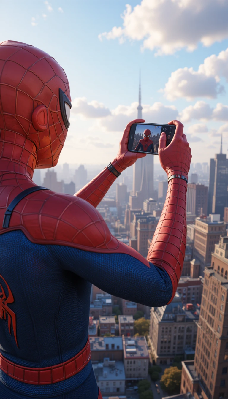 Superhero taking a smartphone photo in bright city skyline