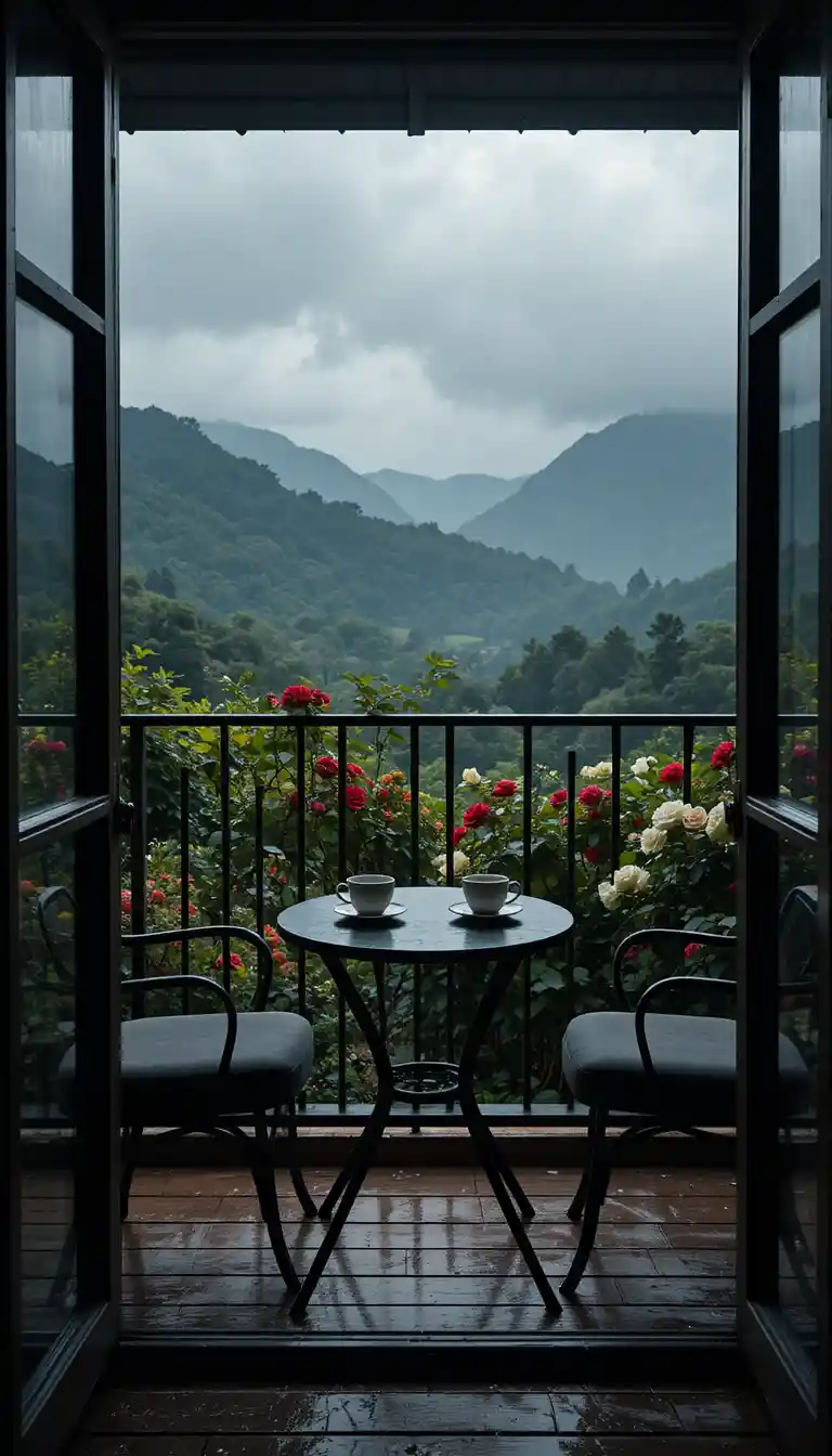 Balcony tea for two overlooking rainy garden mountains