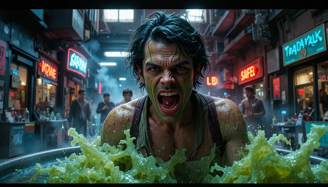 Mutated superhero avenger rampaging through corrupt city streets