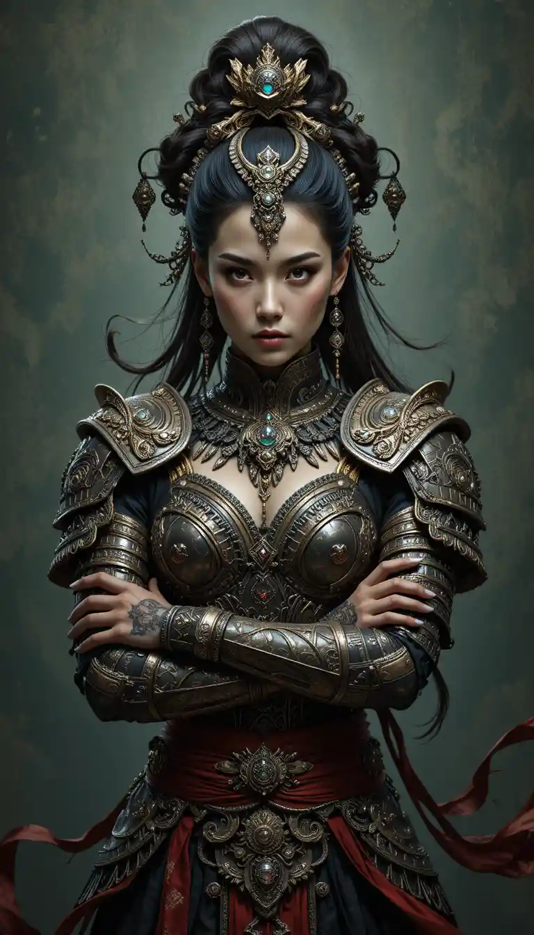 Regale guerriera fantasy in armatura cerimoniale elaborata