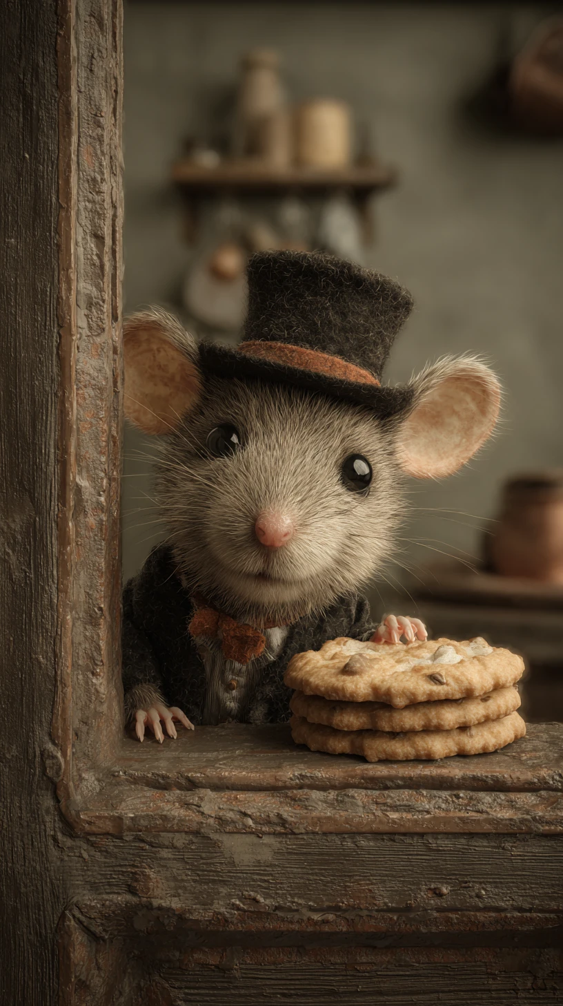 Cute little mouse stealing cookie in antique kitchen
