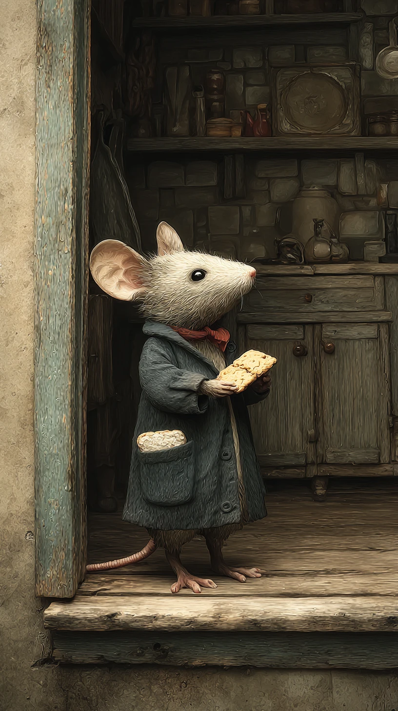 Cute little mouse stealing cookie on wooden table