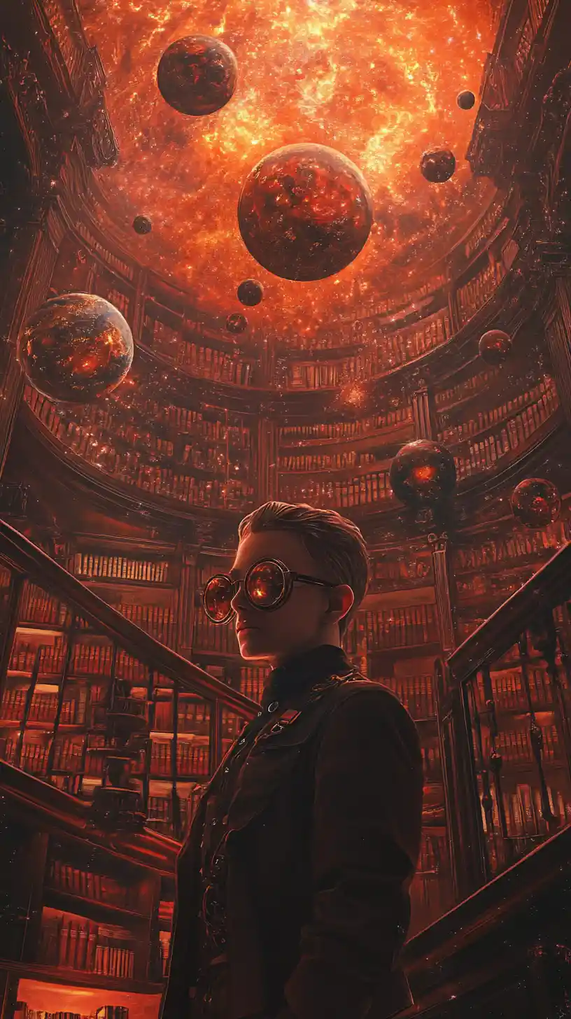 Surreal cosmic library orbiting around a reflective figure