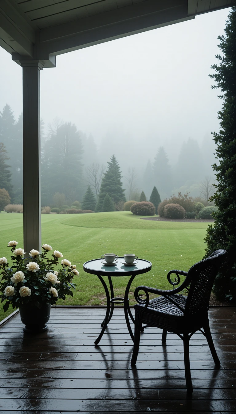 Covered porch with tea set overlooking misty green landscape