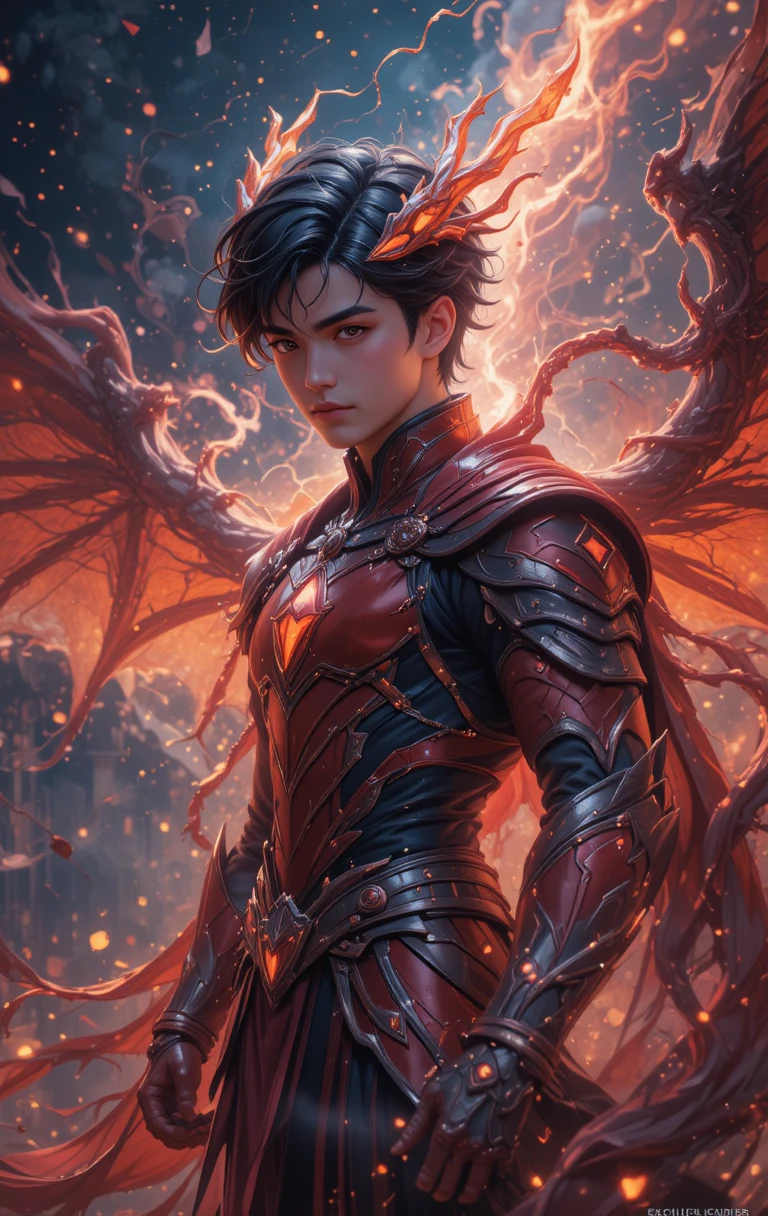 Young draconic warrior in red and black anime armor