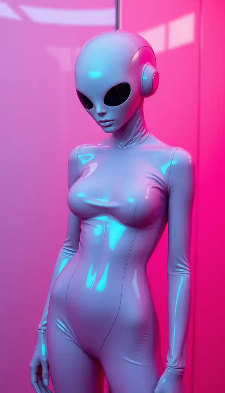 Full body android woman in latex catsuit in pink room