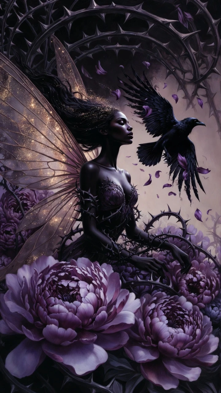 Dark skinned fairy woman among giant amethyst peonies