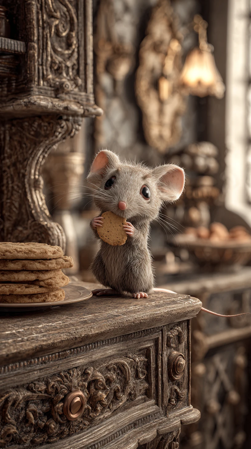 Cute mouse stealing a crumb in a warm vintage kitchen
