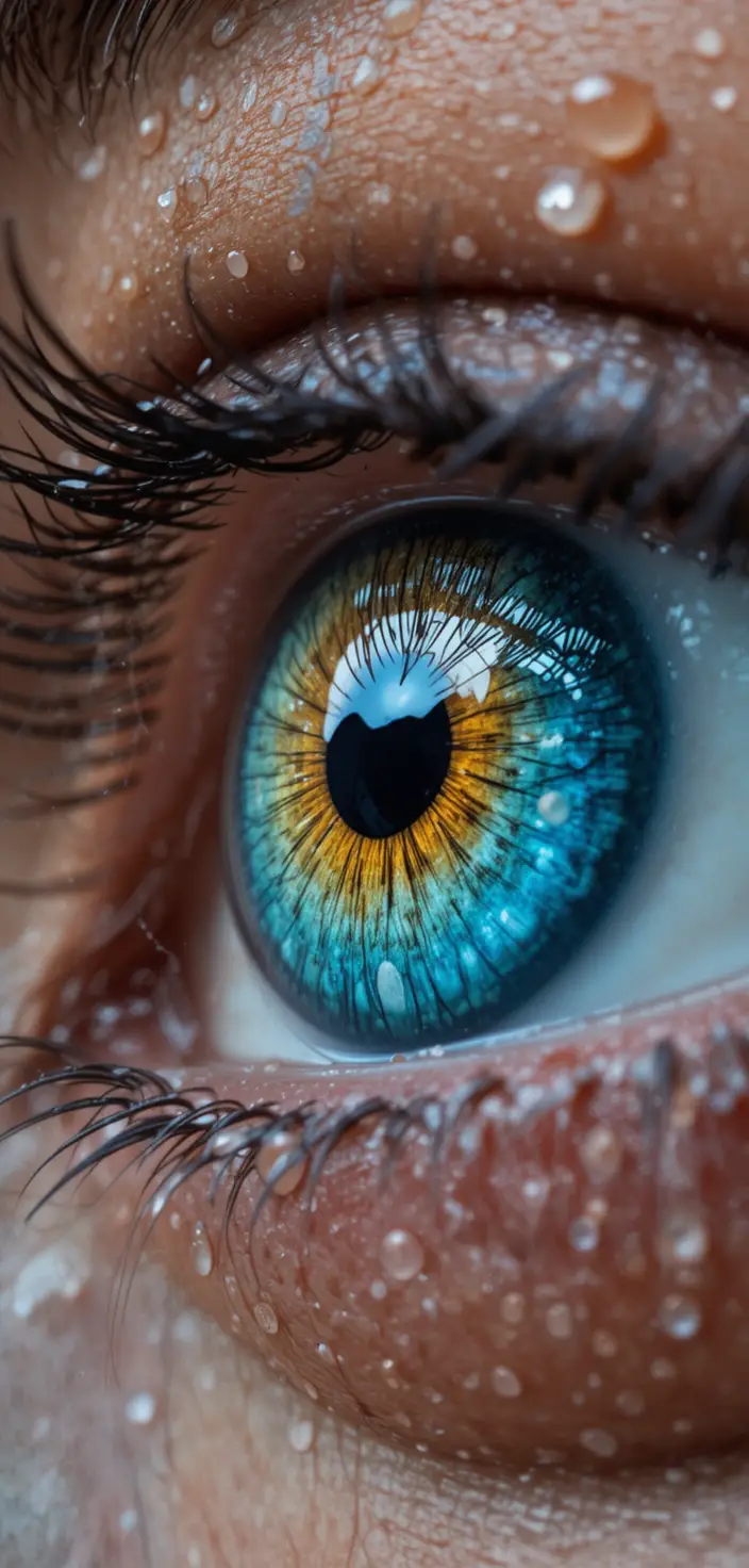 Extreme close up of a colorful human eye with water droplets