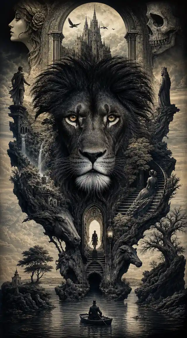 Surreal black lion illusion forming multiple hidden images