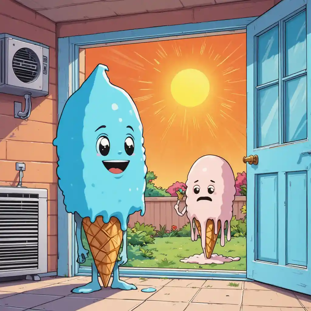Smiling ice cream cone relaxing in a cool cartoon living room