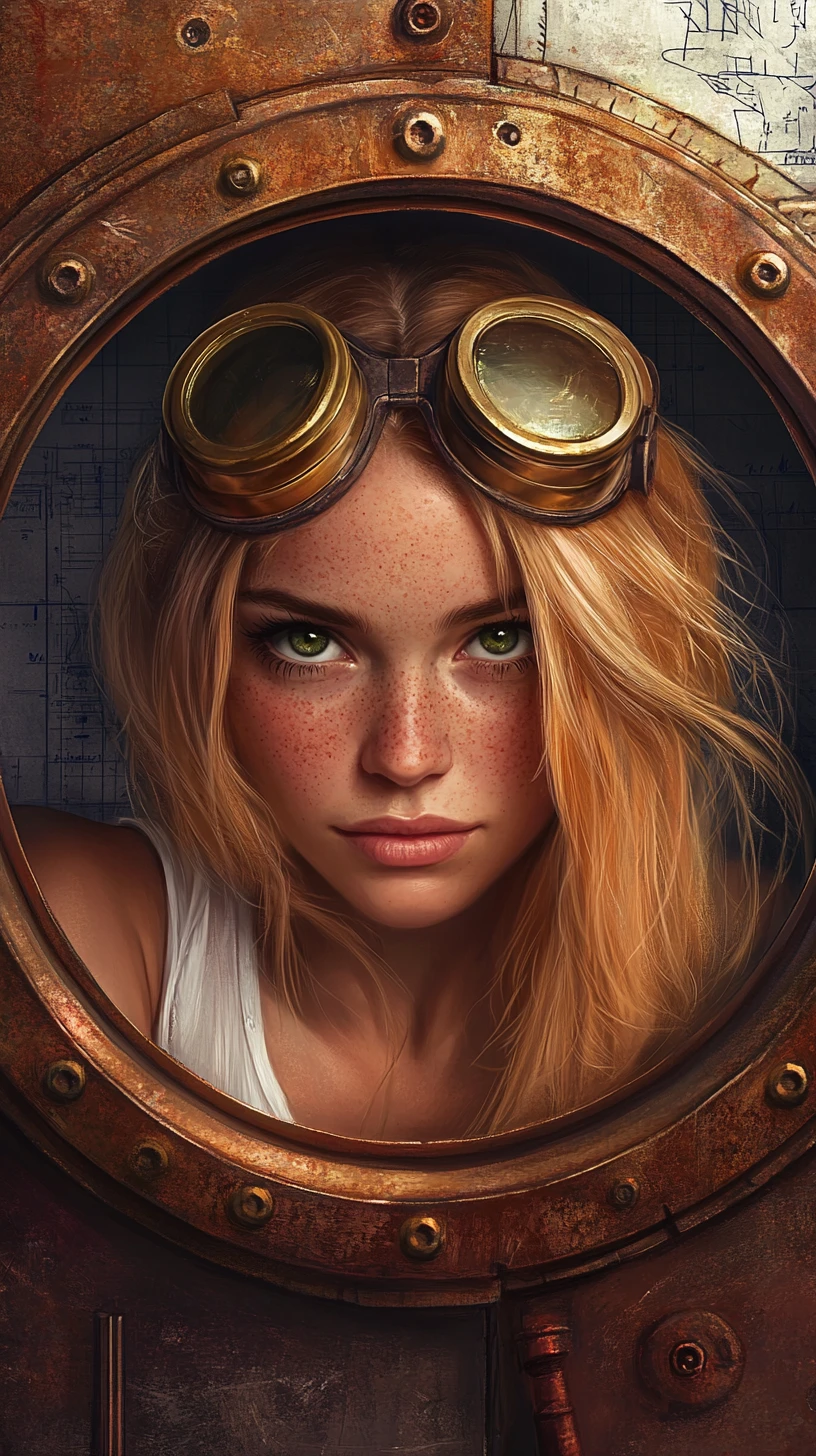 Curious blonde girl in goggles at a steampunk porthole