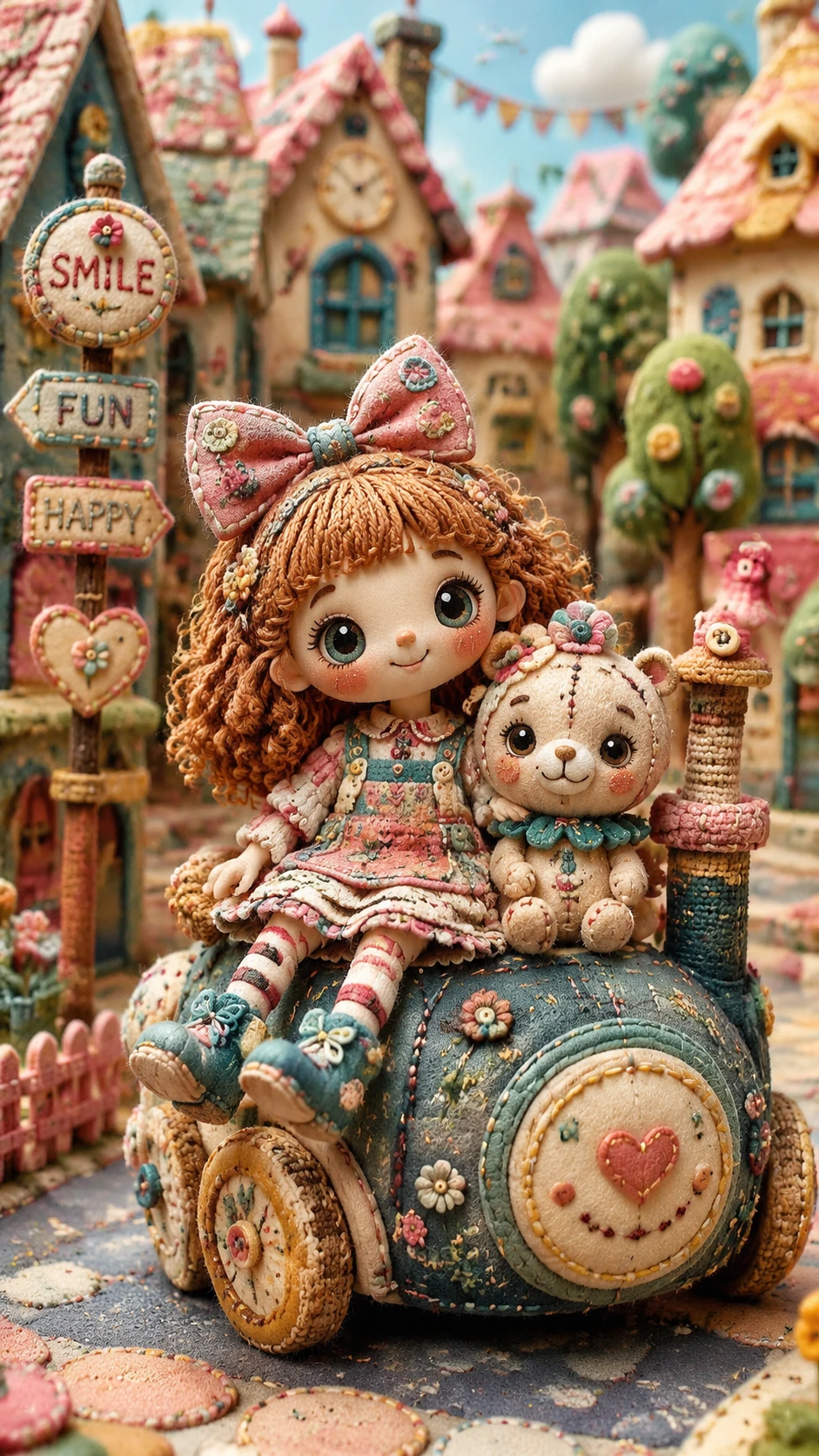 Textile doll character with woolen animal in fabric town
