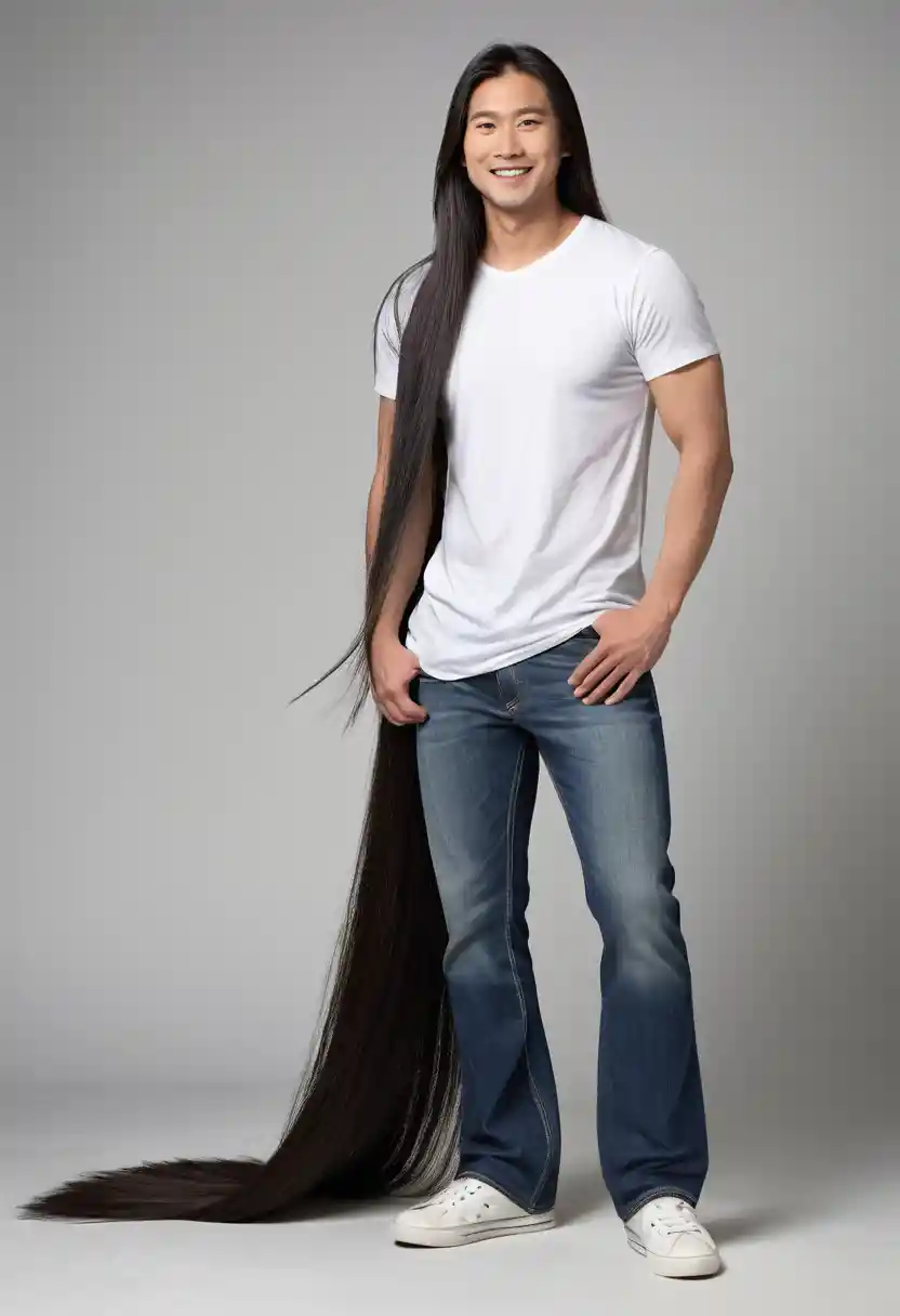 Asian man with extremely long floor length hair in profile