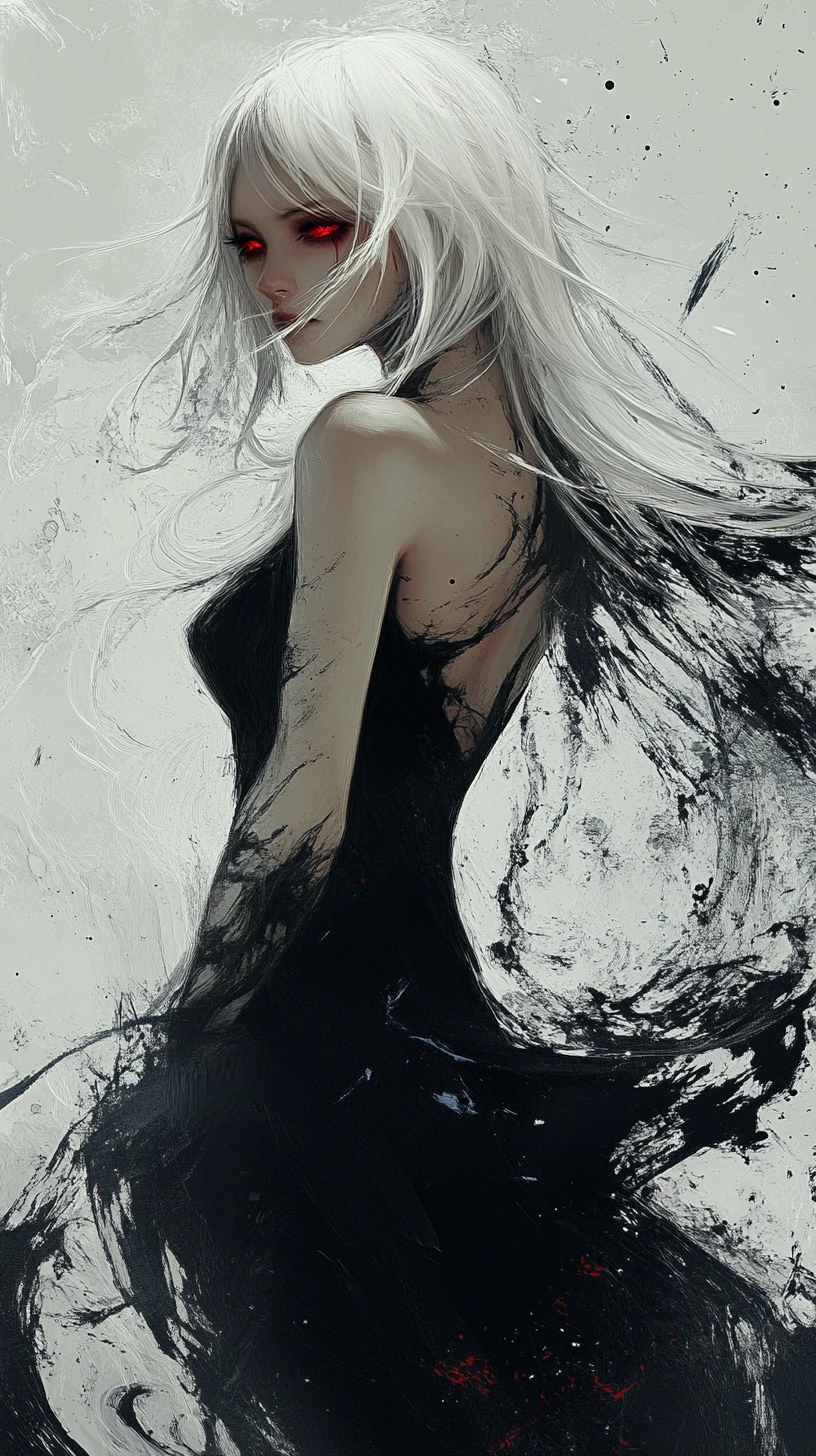 White haired anime woman dissolving into abstract ink forms