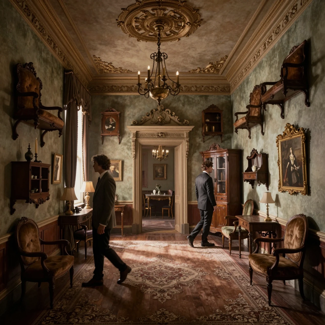 Victorian room with furniture defying gravity in all directions