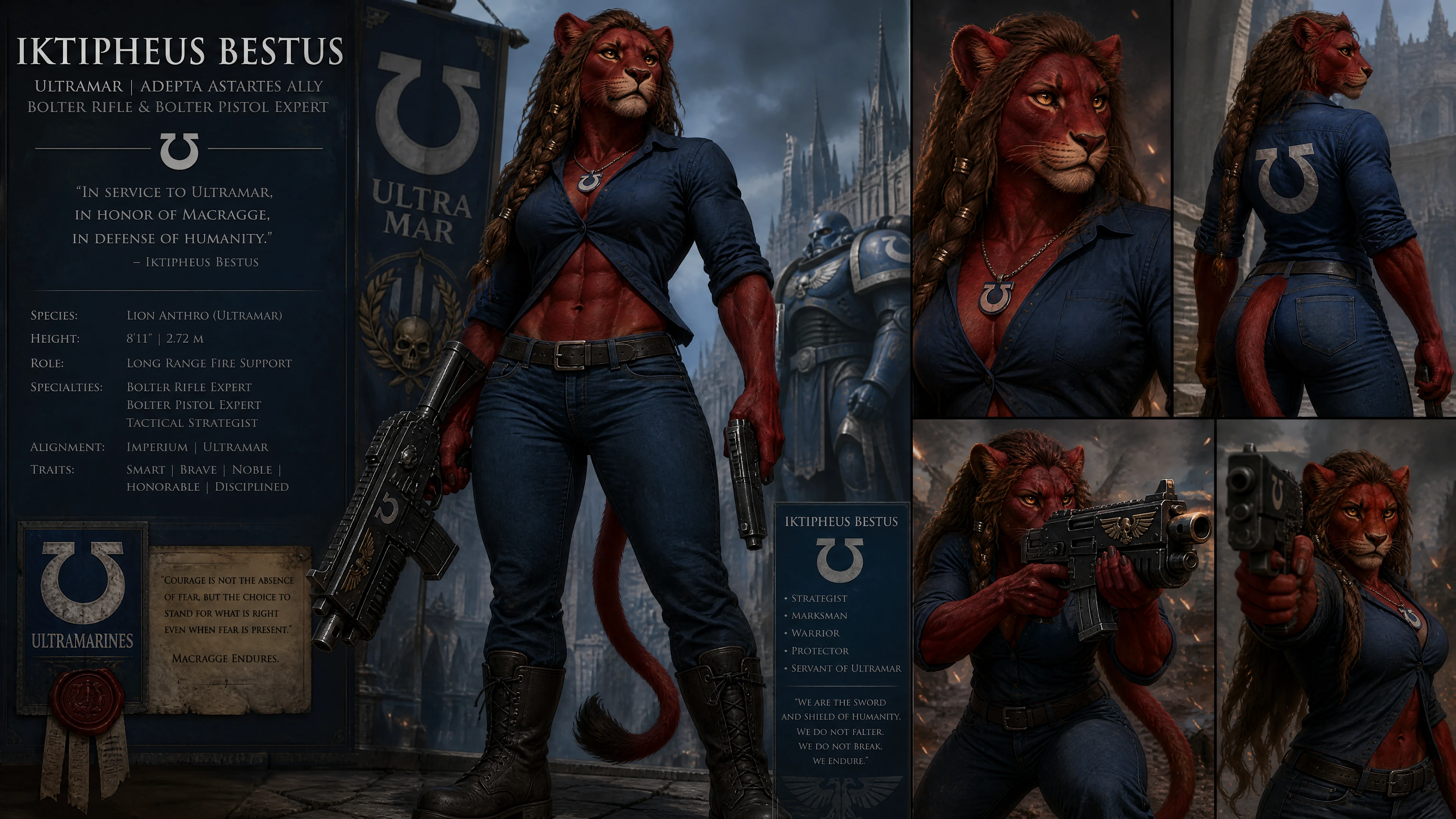 Tall red fur lion warrior woman in casual clothes
