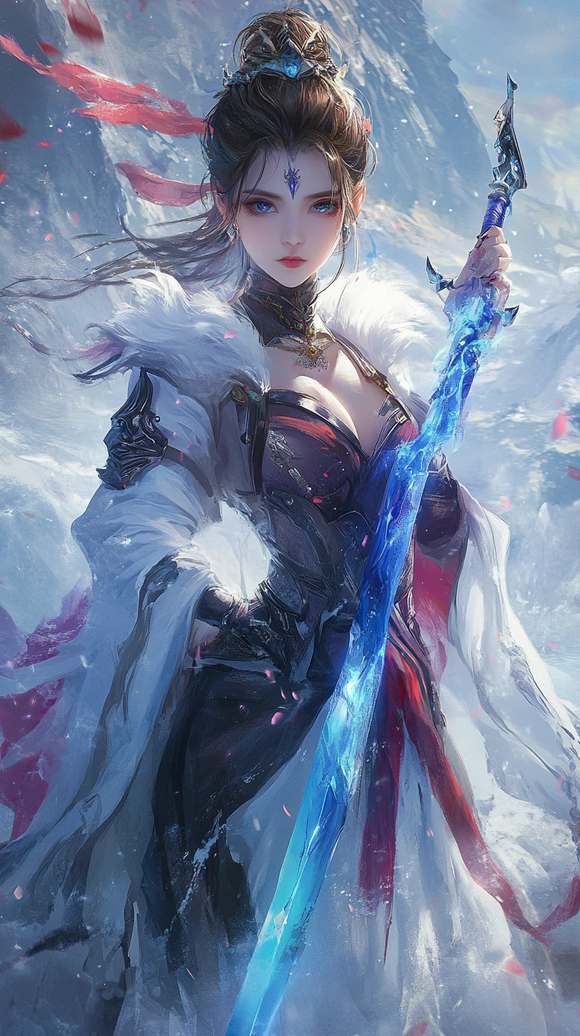 Ice themed anime girl in a dark snowy dress