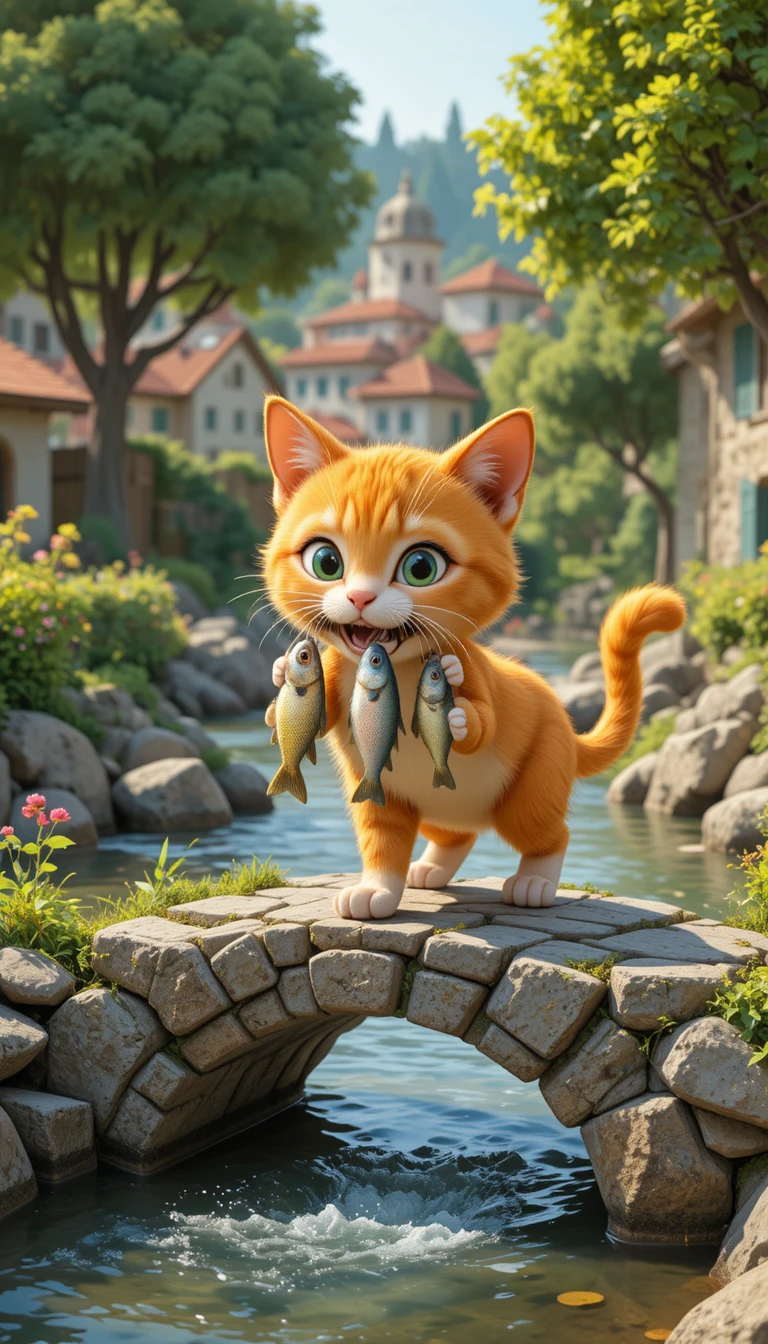 Cute orange cat walking on a stone bridge with fish
