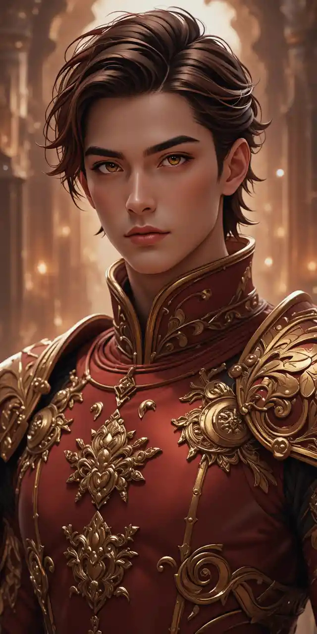 Golden skinned anime warrior with draconic horns and armor