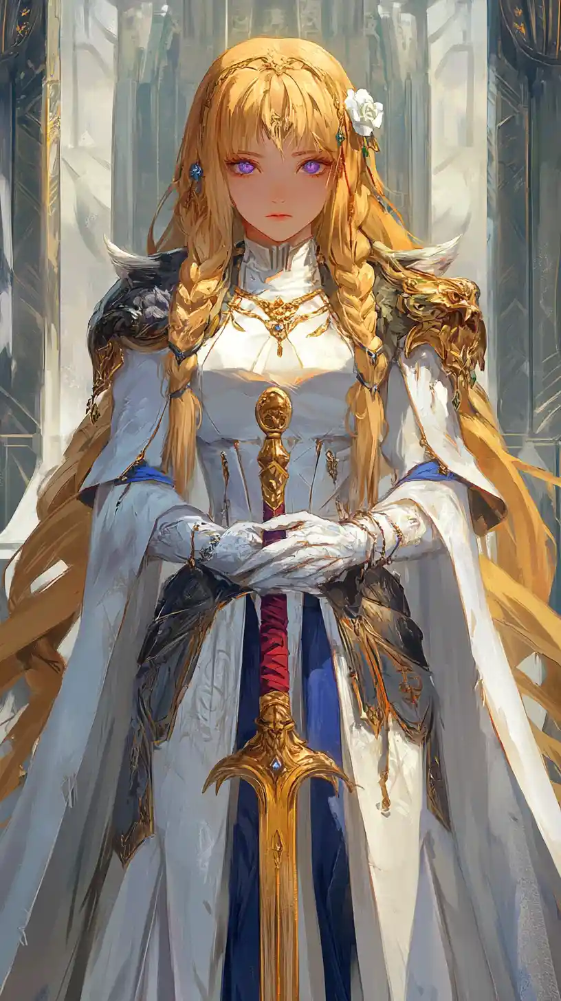 Golden haired armored girl before a royal white throne