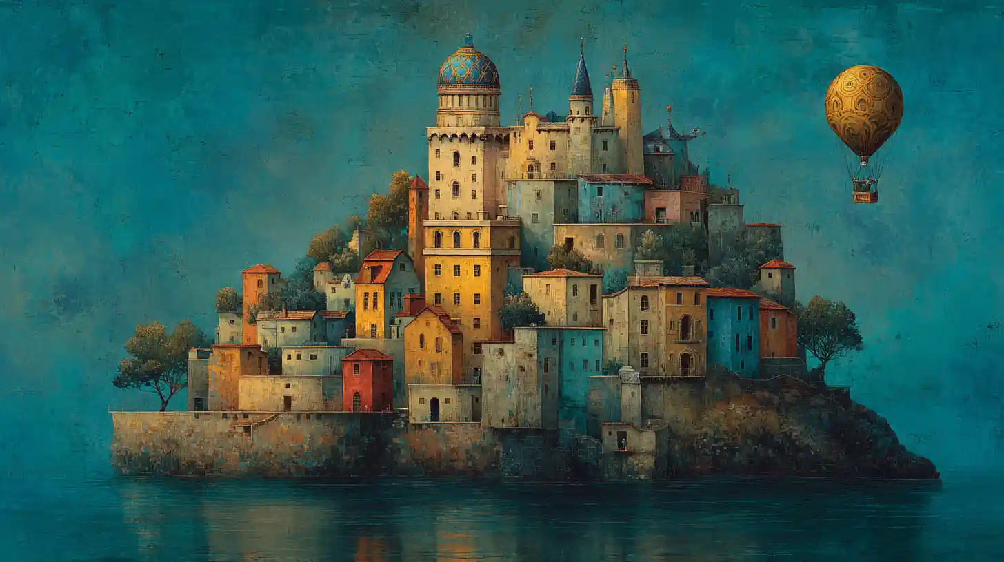 Surreal fantasy island with a luminous magical castle
