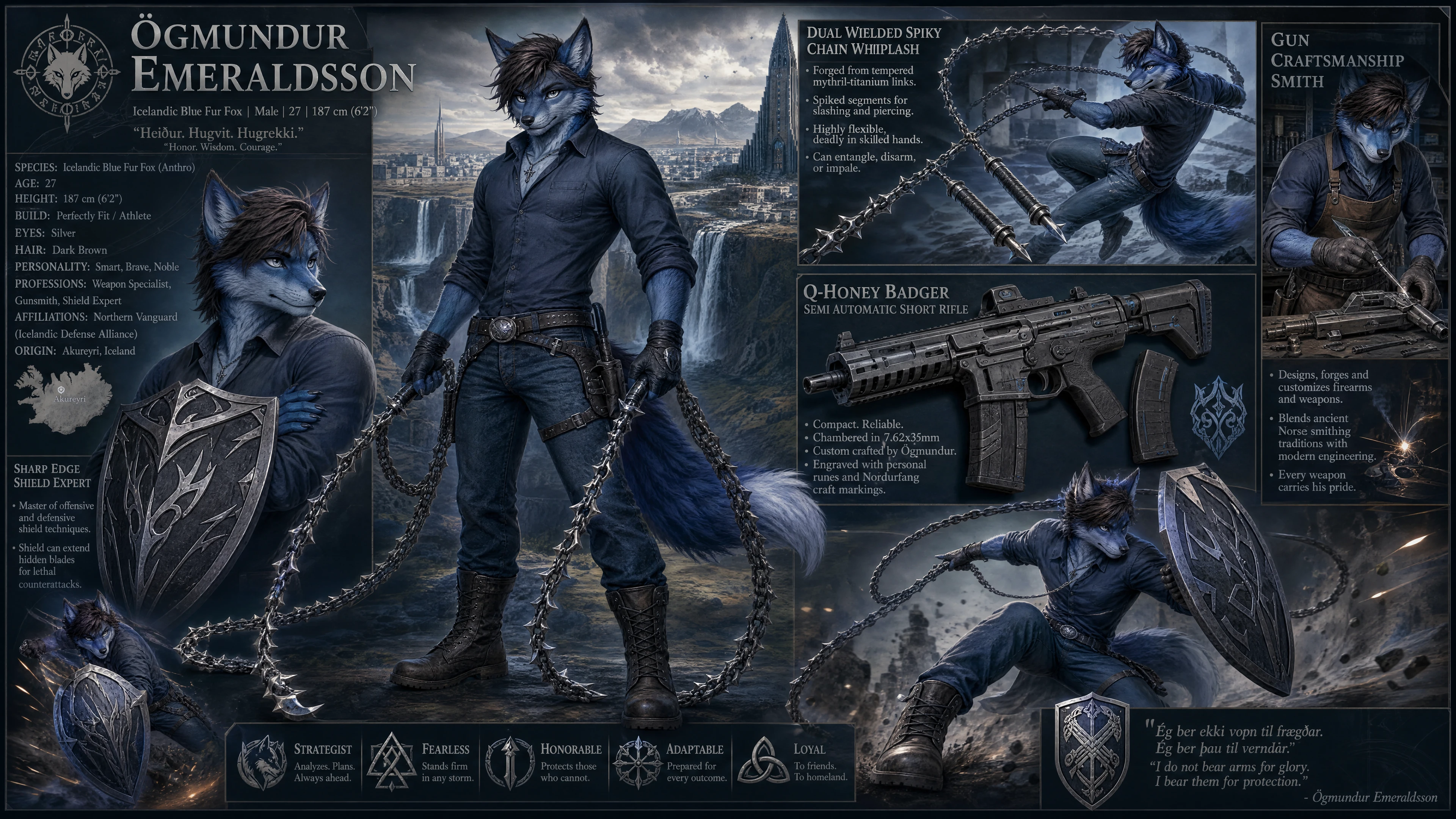 Guerrero Zorro Antrópico con Rifle y Escudo en Ropa Casual