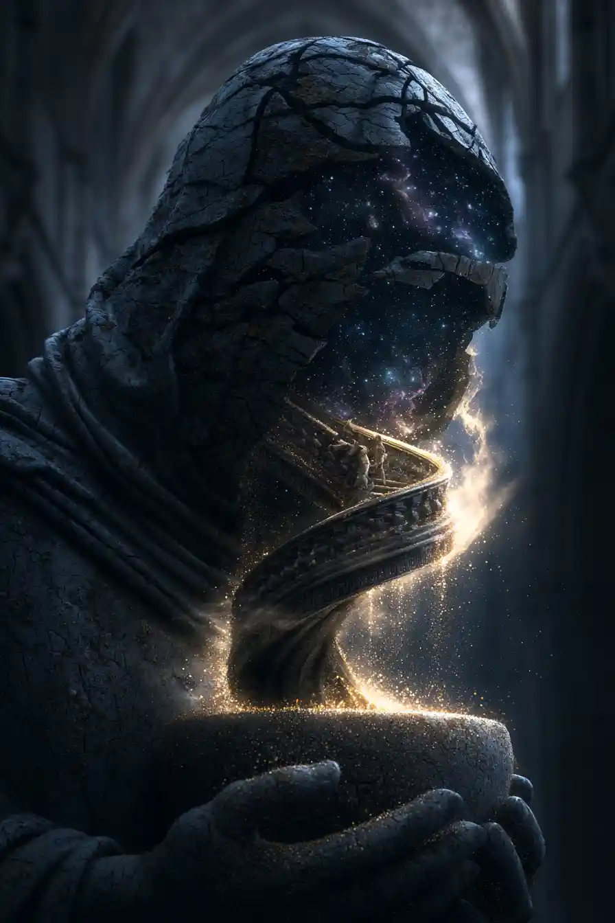 Colossal hooded stone statue with cosmic shattered head