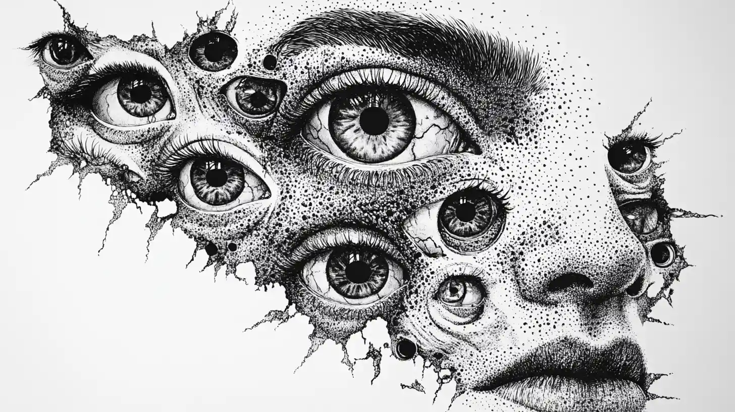Surreal ink portrait with multiple watchful eyes