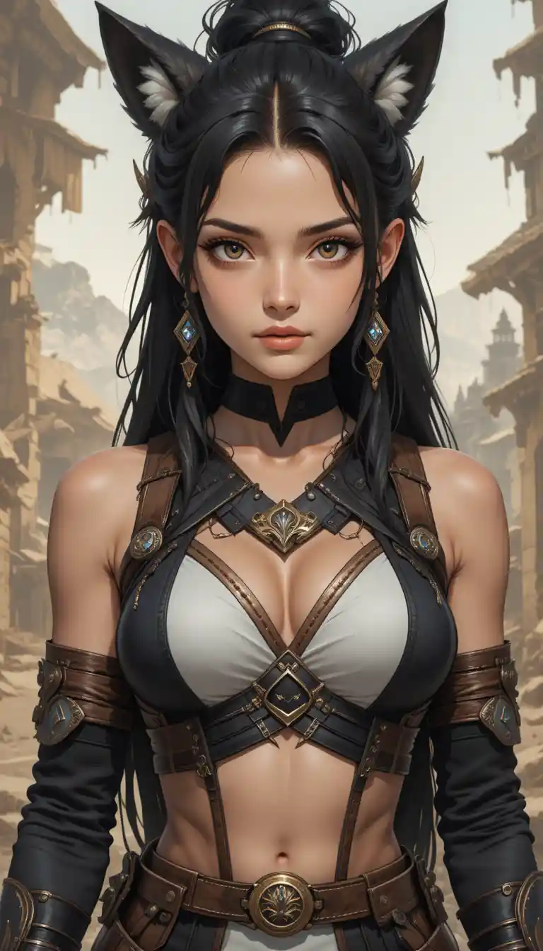 Athletic anime girl with wolf ears in warrior outfit