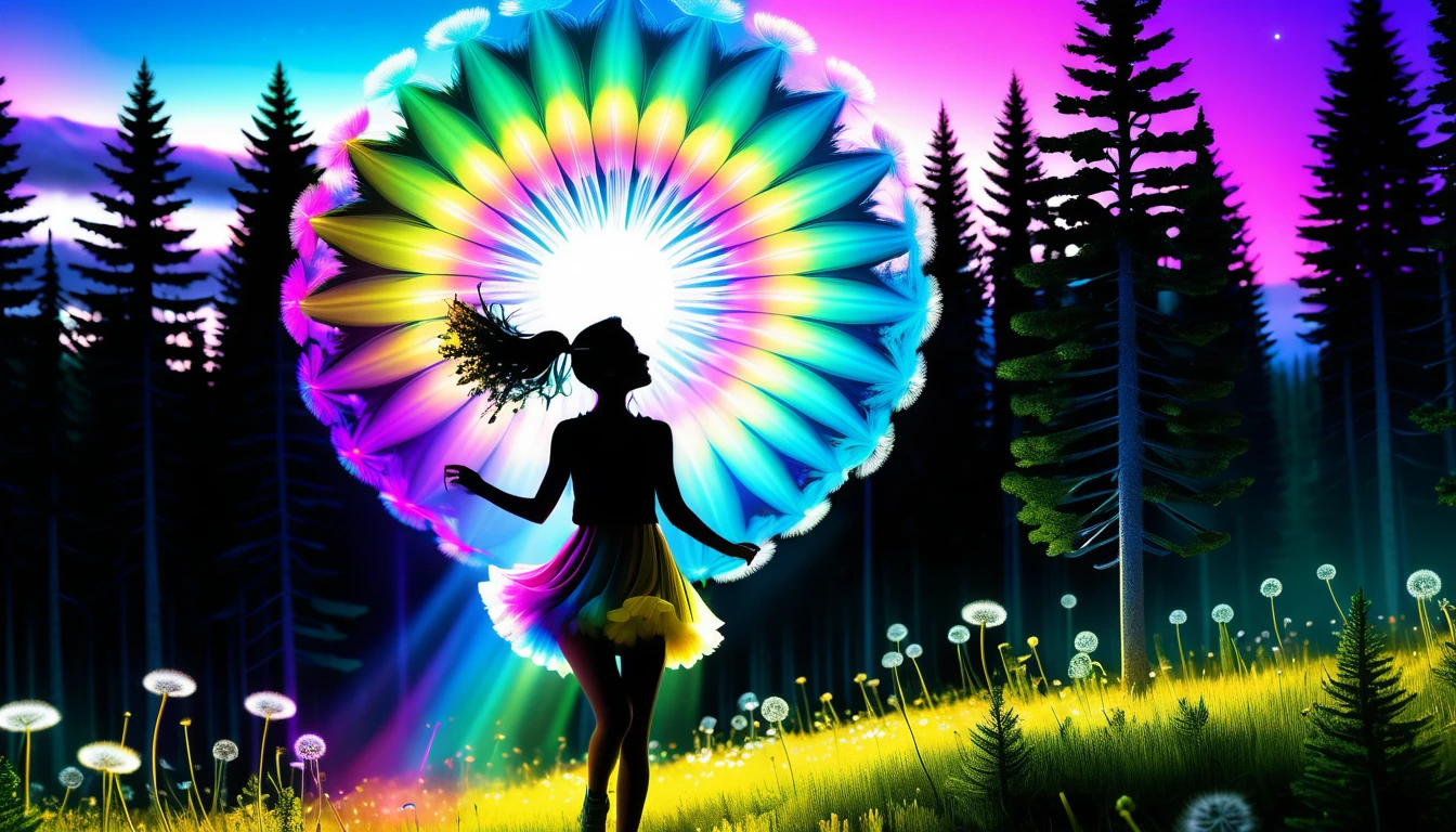 Fantasy girl with rainbow dandelion in glowing fractal forest