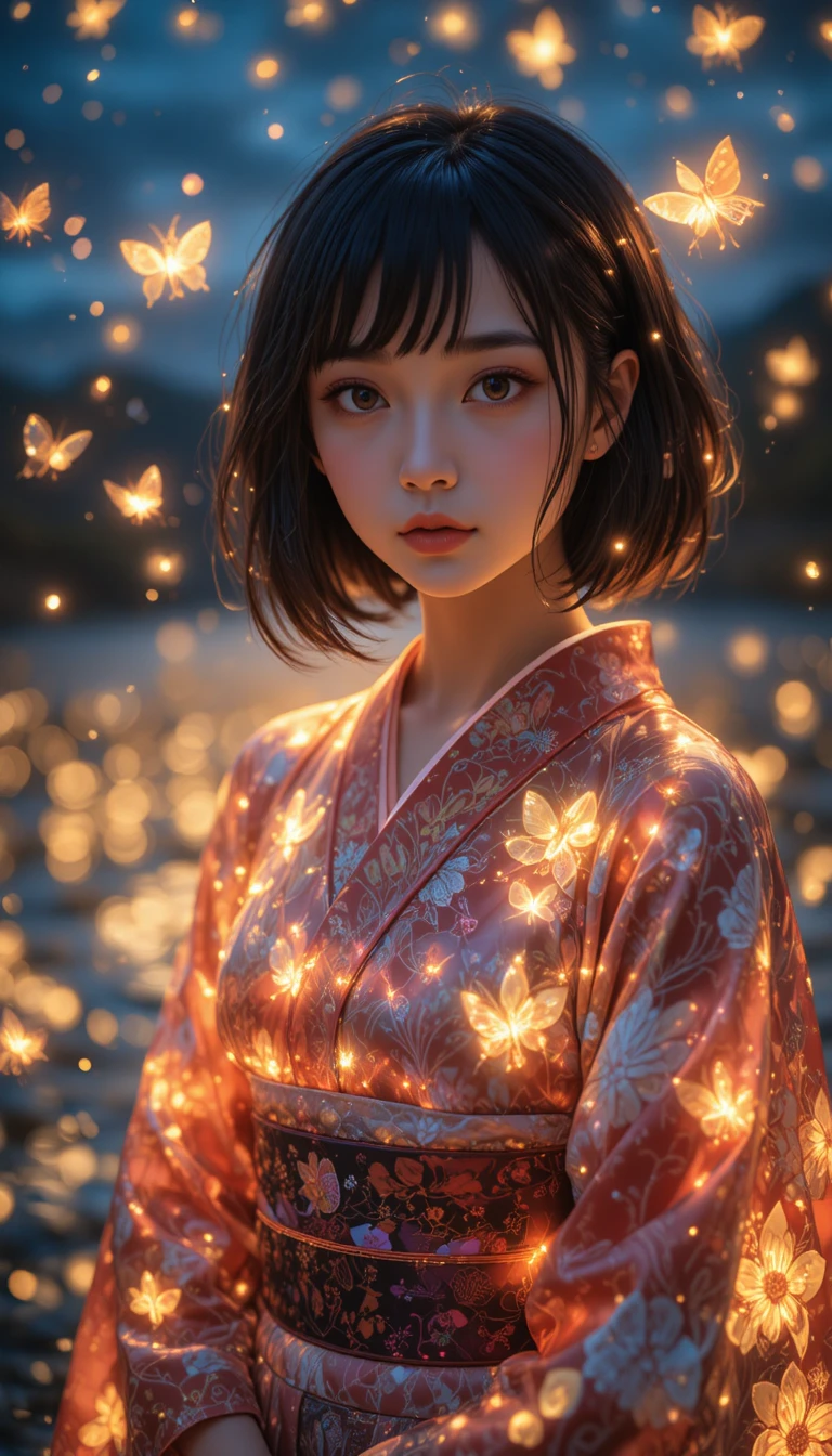 Japanese girl in holographic yukata by a glowing night lake