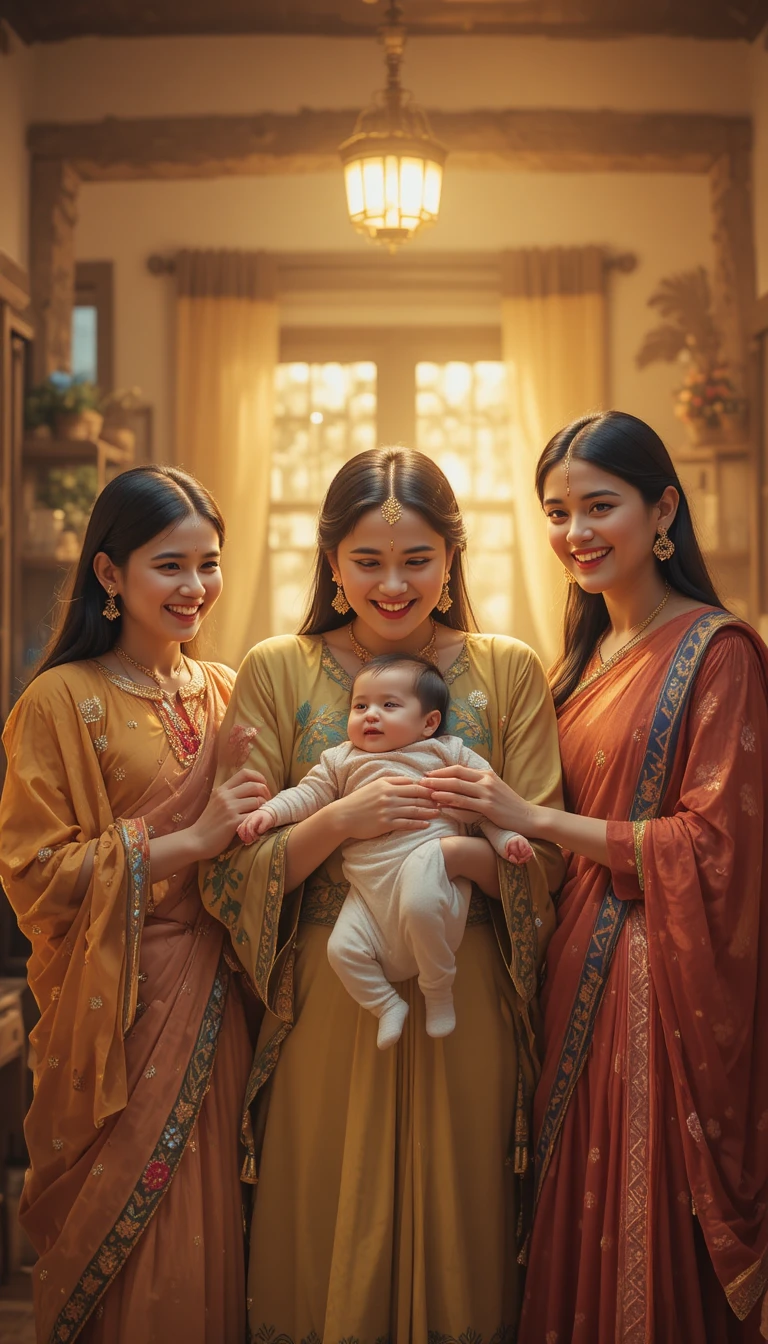 Happy family welcoming a newborn in a warm village home