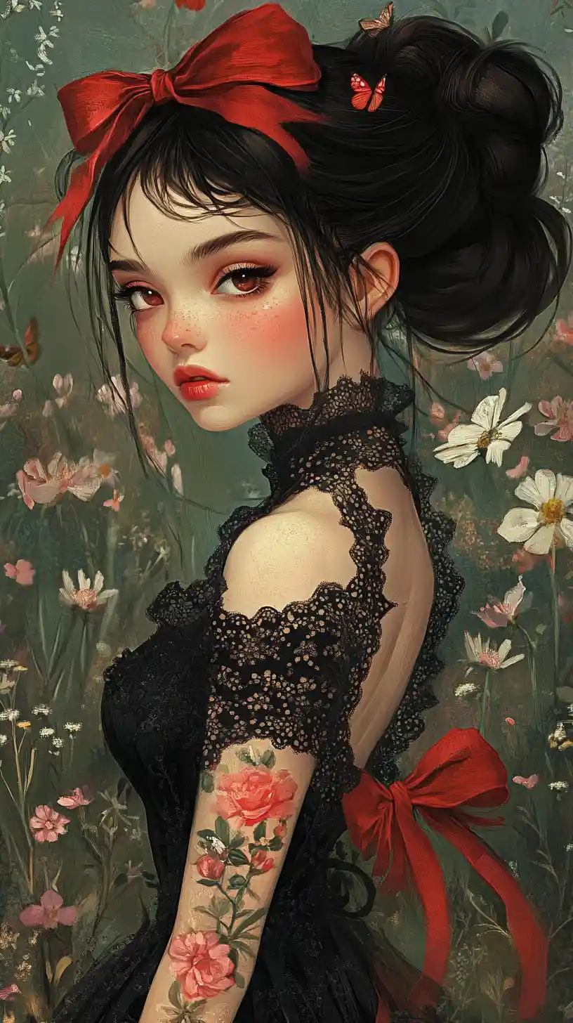 Tattooed girl with red ribbon in a dreamy flower garden
