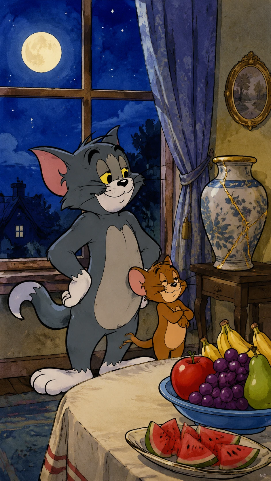 Gato y Ratón de Dibujos Animados Compartiendo una Escena Nocturna Pacífica