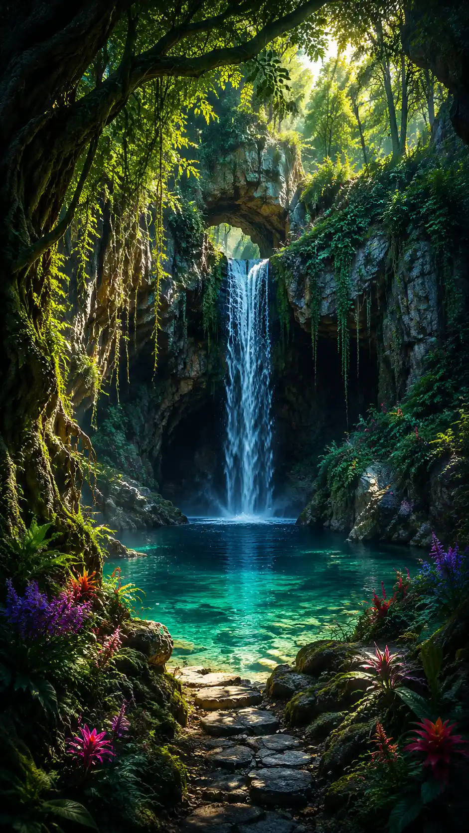 Serene Forest Waterfall Pool In Lush Fantasy Landscape