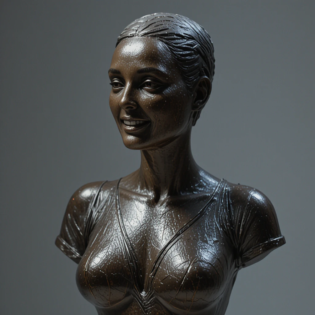 Bronze bust of a contemplative woman in v neck tshirt