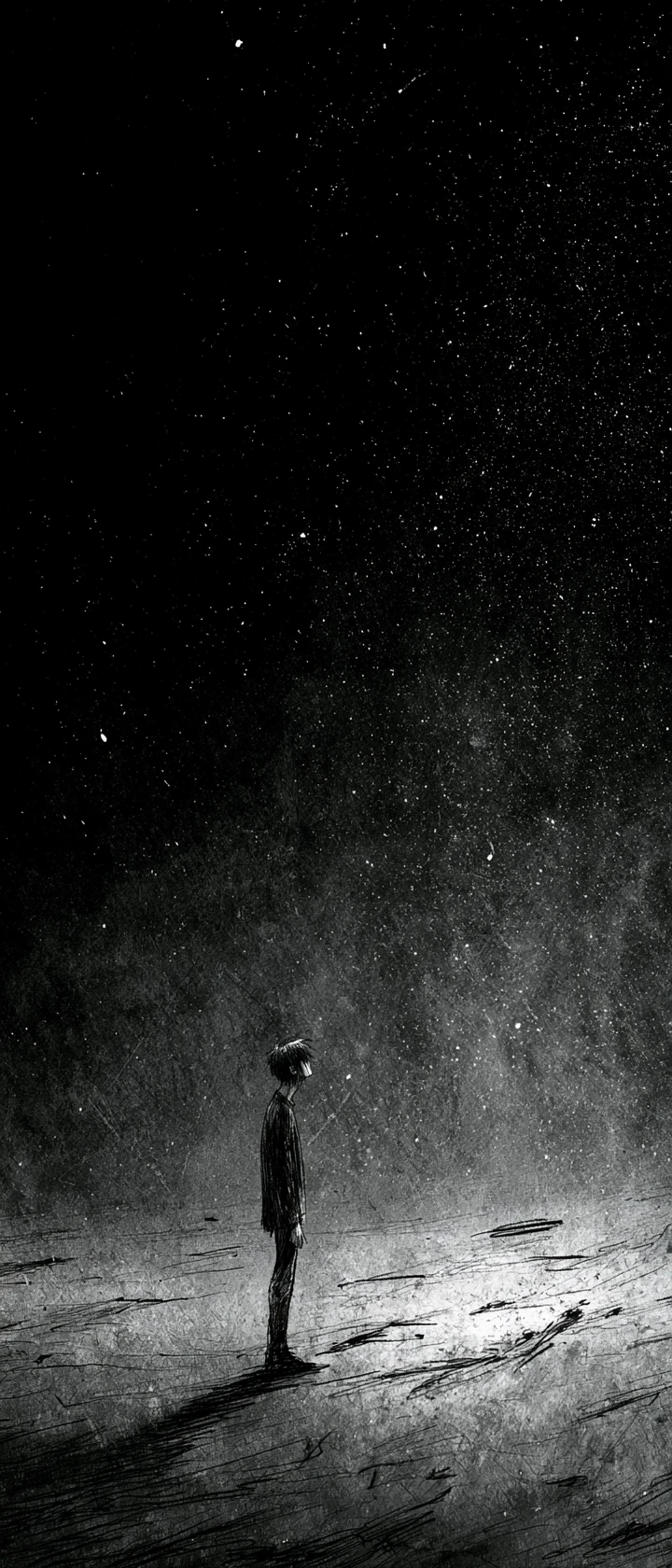 Einsame Anime-Frau in einer trostlosen monochromen Ödnis