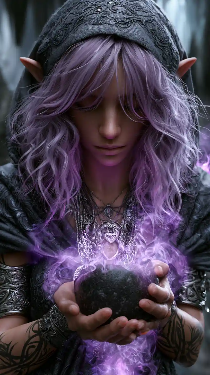 Elven sorceress holding a glowing magical bowl in a cave
